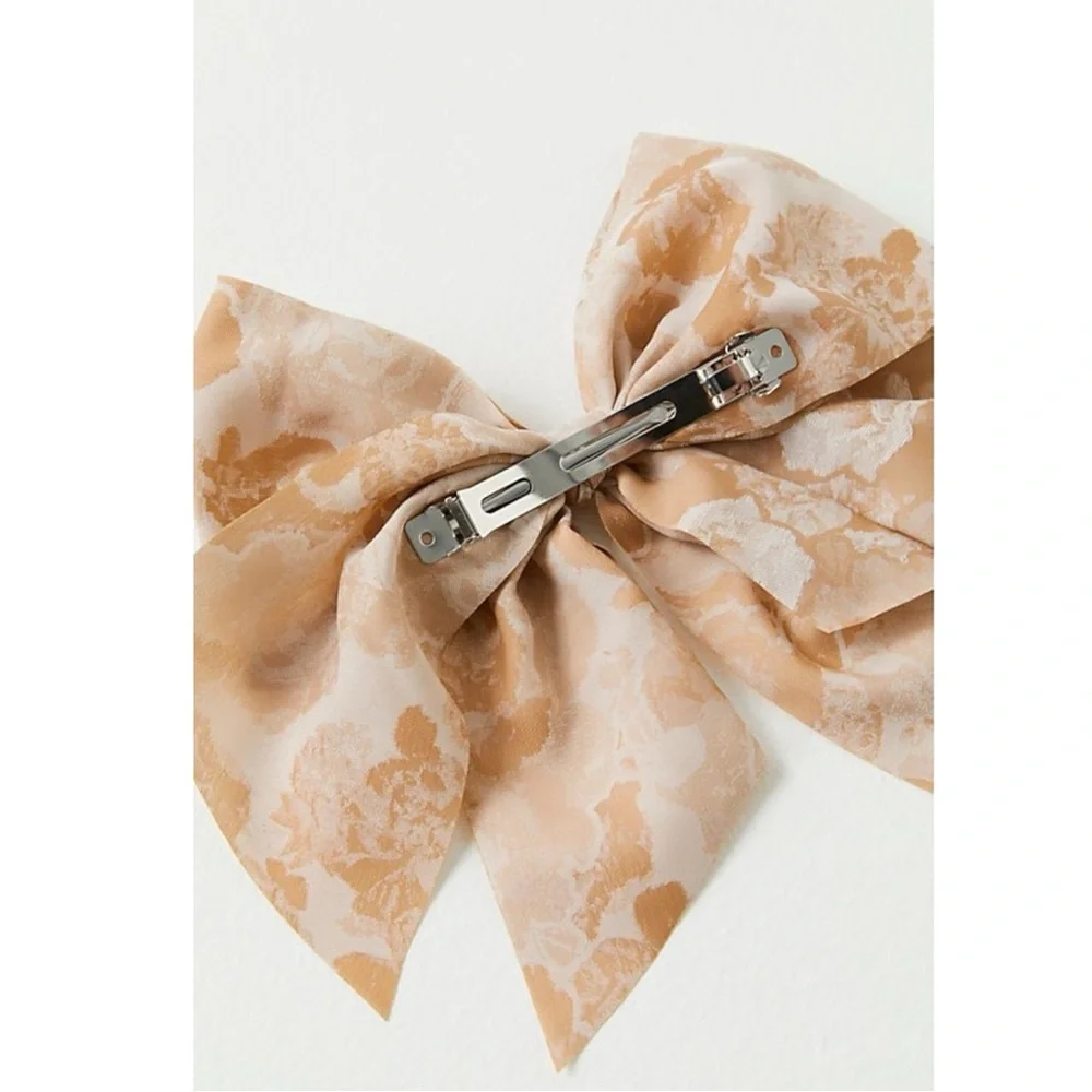 Free People Ethereal Dainty Rose Floral Twiggy Bow Barrette Neutral Tan Cream